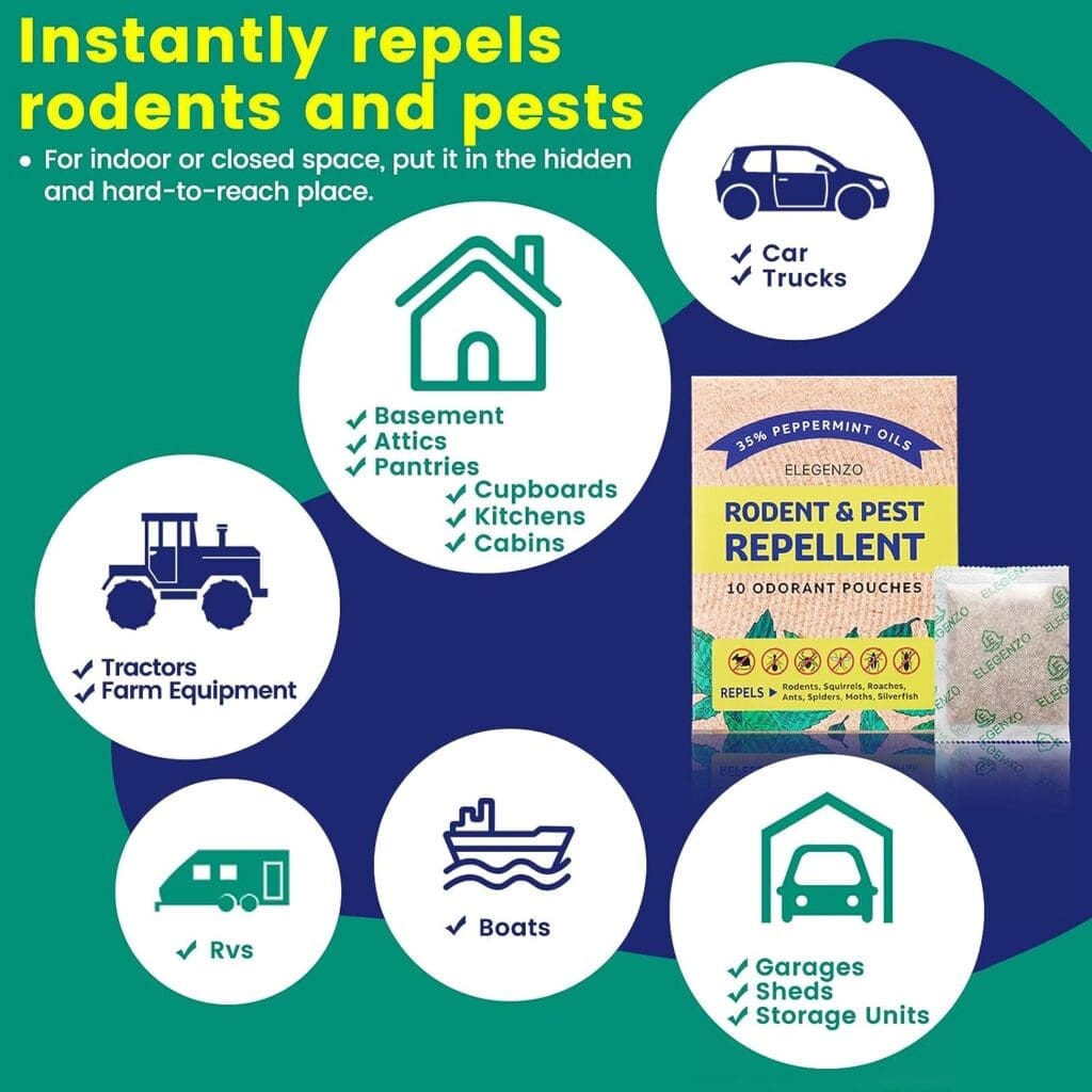 ELEGENZO Mouse Repellent Pouches, 35% Peppermint Oil Pest and Rodent Repellent, Mice Repellent with Peppermint Oil to Repel Mice and Rats, Squirrels, Roaches, Ants, Spiders, Moths, 10 Odorant Pouches ELEGENZO Mouse Repellent Pouches, 35% Peppermint Oil Pest and Rodent Repellent, Mice Repellent with Peppermint Oil to Repel Mice and Rats, Squirrels, Roaches, Ants, Spiders, Moths, 10 Odorant Pouches