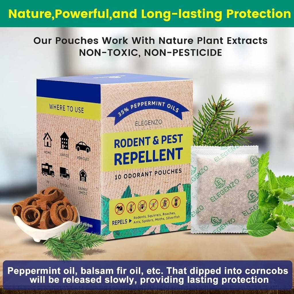 ELEGENZO Mouse Repellent Pouches, 35% Peppermint Oil Pest and Rodent Repellent, Mice Repellent with Peppermint Oil to Repel Mice and Rats, Squirrels, Roaches, Ants, Spiders, Moths, 10 Odorant Pouches ELEGENZO Mouse Repellent Pouches, 35% Peppermint Oil Pest and Rodent Repellent, Mice Repellent with Peppermint Oil to Repel Mice and Rats, Squirrels, Roaches, Ants, Spiders, Moths, 10 Odorant Pouches