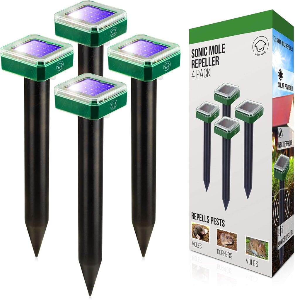 Livin Well Solar Sonic Pest Repeller Stakes - 4pk Outdoor Pest Repellent with 5,000 Feet Range, Solar Powered Animal Control, Rodent Repellent and Deterrent for Mole, Vole, Gopher Livin Well Solar Sonic Pest Repeller Stakes - 4pk Outdoor Pest Repellent with 5,000 Feet Range, Solar Powered Animal Control, Rodent Repellent and Deterrent for Mole, Vole, Gopher